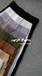 Cargo Pants Wanita Bahan Linen Crinkle Premium Celana Highwaist Loose Cargo Murah Kulot Cargo Casual