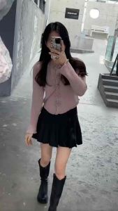 Áo len kiểu nữ tay dài gắn hoa vạt bèo đuôi tôm phom ôm xinh xắn phong cách tiểu thư
