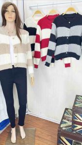 Ez2match Fluffy Striped Knit Cardigan | Cozy Korean Style Button-Up Sweater | Women’s Casual Knitwear