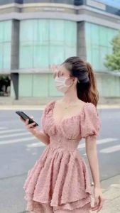 Váy đầm tầng cổ tim phối lông phồng có may lớp quần lót bên trong (có ảnh thật sàn)