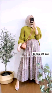 Inara Setelan Baju Dan Rok Mewah Bahan Baju Polo Linen Bahan Rok Cringkle Airflow Bungan