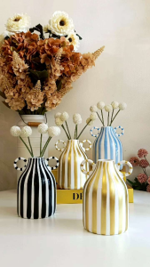 Modern Stripe Ceramic Vase with Handles 6.2 Inches height Home Decor Accent