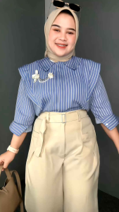 Kemeja Salur Wanita Full Kancing Kemeja Casual Korean Style Terbaru Premium Katun Kemeja Lengan Panjang Terbaru