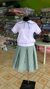 School uniform for girls peach twill polo Sailor collar Peachtwill blouse ribiti palda chekered green