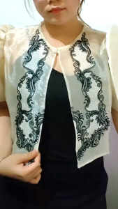Modern Filipiniana Bolero Top Blouse Flower Embroidery Black Beige Formal Graduation Oathtaking Choir Pinya Organza Cotton