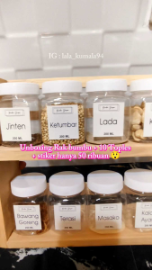 Tempat Bumbu Kayu 2 Susun dengan 10 Toples dan 10 Stiker Bumbu dan 10 sendok