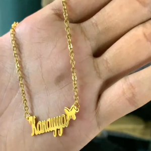 Kalung Nama Titanium Anti Karat - Desain nama kamu (wanita  anak & Dewasa ) 3 variasi warna Silver - Gold & Rose gold liontin kupu - kupu