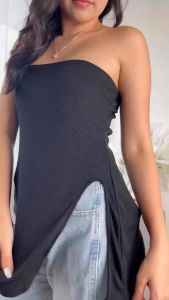 YUMI TUB Top - Kemben Slit - Knit Tube Top - Atasan Kemben Kekinian Wanita - Kemben Rajut Belah Samping