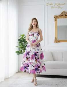 FLORALS SPAGHETTI THREE LAYERED MIDI DRESS