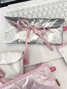 SG American Style Quilted Pencil Case Silver Flap Pouch with Zipper Bow Design Cute School Girl Stationery Bag for Teen Girls Students