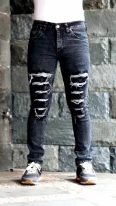 Celana Jeans Bikers Sobek Ripped Pria Panjang Stretch Melar Denim Size 28-34