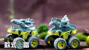 Dinosaur-themed four-wheel drive pull-back toy cars for kids featuring vibrant yellow and teal colors rugged tires and playful design.