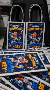 10PCS LOOT BAGS FOR EVENTS (60gsm only) with personalized birthday design featuring astronaut and space theme.