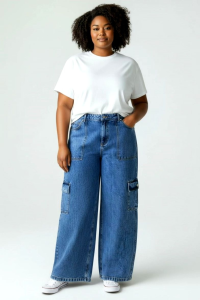 Acid wash baggy cargo jeans plus size strachable denim metarials womens jeans cargo six pocket