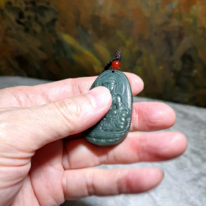 Green Nephrite Manjusri Pusa Jade pendant (with certificate) [Natural Crystal] 和田玉青玉文殊师利菩萨吊坠(带证书)