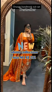 (PRE-ORDER] 2026 JAN FESTIVE ORANGE FENDY SILK EMBROIDERED SUIT SET  SIZE M TO 2XL ( DELIVERY 10 WORKING DAYS) ETA: 2026-03-30 | RUST ORANGE THREAD & SEQUENCE WORK SALWAR KAMEEZ | LUXURY ORANGE SILK SALWAR SUIT WITH CUTWORK DUPATTA