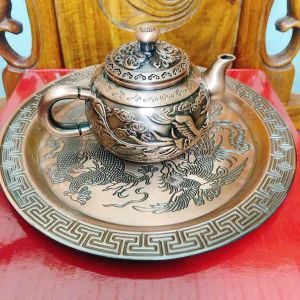 Ấm Trà rồng phượng khay trà Long Quy kim loại Huydecor