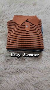 Louyi polo sweater rajut wanita crop motif garis lengan panjang berkerah