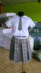 Joenel Sailor Collar Blouse Full Ribiti and Gray Checkered Skirt Box Pleats School Uniform Individual Sets