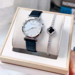 ĐỒNG HỒ NỮ CHÍNH HÃNG BULOVA 96P210 Quartz White MOP Dial Sapphire Black Leather For Lady