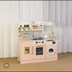 KiddieStore Coffee Maker + Bakery Pink Wooden Refrigerator Kitchen Playset With Washing Machine/Oven and Fridge