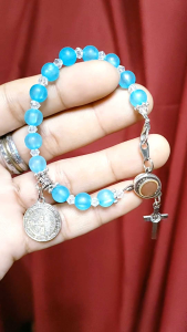 St. Benedict Sky Blue #8 16cm Crystal Glass Bracelet Rosary Back to Back pendant with Jerusalem Clay Container Mary Of Perpetual Help Center Medal with free boxes easily used for praying rosary while travelling anywhere