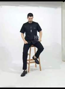 Baju Koko Pria Dewasa Lengan Pendek Hitam Kemko Seragam Hadroh Santri Muslim Kekinian