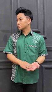 Baju pria lengan pendek polos kombinasi batik - kemeja pria terbaru 2022 - baju pria modern kekinian qin batik