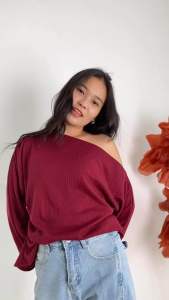 VIOLA Atasan Wanita Lengan Panjang - Knit Sweater Long Sleeve - Batwing Top - Off Shoulder Rajut - One Shoulder Blouse