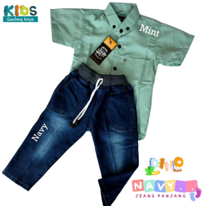 Setelan Anak Laki Baju Kemeja Lengan Pendek dan Celana Panjang Jeans Navy/Lightblue