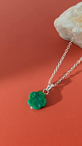 Vachana - Green Jade Myanmar Flower Sterling Silver 925 Pendant Necklace