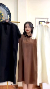 Váy Đầm Suông Cổ Sơ Mi Chất Đũi Gân Xoè Nhẹ Nhàng Thanh Lịch
