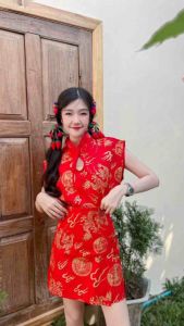 ชุดเซ็ต เสื้อคอจีนมัดโบว์+กางเกงกระโปรงสั้น