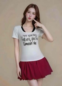 Áo thun nữ phối yếm in họa tiết tinh tế size 40-55kg