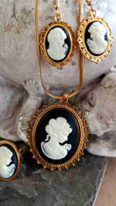 Victorian Black White Lady Cameo Statement Gold Plated Stainless Chain Necklace Ring Earrings Set