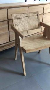 Fee Delivery เก้าอี้มินิมอล Teak Wood Rattan Armchair พนักพิงบูรณาพินี เก้าอี้หวาย เก้าอี้ไม้สัก แขนโรบอท