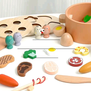 Wooden Multi-Functional Pot Toy Kids Fine Motor Skills Role Play Pretend Play Shape Sorting Fishing Game Educational Toy