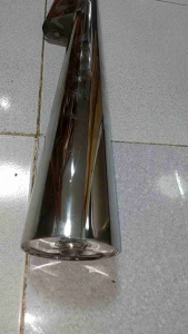 Stainless Muffler for Barako 175 - Curved pipe polished finish mounting bracket tapered end wall-mounted display.