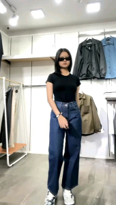 Celana jeans panjang cewek begie loose jeans high waist kaki lebar longgar premium