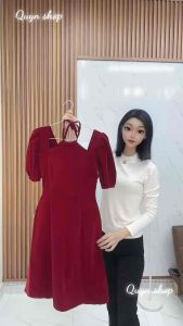 Áo Dài Cách Tân Chất Liệu Nhung Cổ Yếm Tay Bồng Kèm Quần Set Áo Dài Mặc Tết Sang Chảnh QUYN.022
