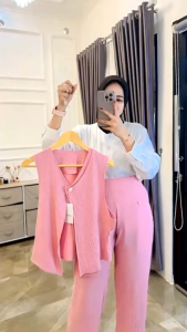 One set Yola setelan 3in1 pakaian wanita vest pisah celana karet daily bahan Ngaret