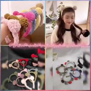 Bando Pom-Pom Bulu Korean Style / Bando Bulu Elastis / Bando Telinga Beruang / Cute Pom Pom Hair Band / PPM594042