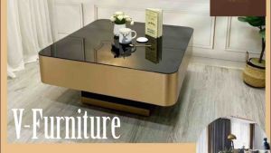 Bàn trà đơn Sofa phòng khách mặt kính hoặc đá cốt gỗ MDF phủ hợp kim màu đồng xước Copper Bush 4 sang trọng