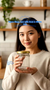 12pcs Glass Jar Food Packaging 220ml & 195ml witn gold and white lid caps with shrink wrap/sealer