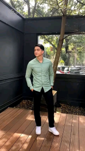 Kemeja Pria Biru Langit & Lilac Polos Lengan Panjang