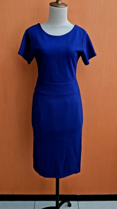 midi dress wanita biru elektrik birel S cewek bodycon lengan pendek lowback