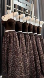 Set Bộ NÂU TÂY Áo Hai Dây Cúp Khuôn Croptop + Quần Ống Xuông Rộng Beo Sang Chảnh