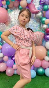 ชุดไทย Shaba Sabai สีชมพู สำหรับการครอบครัว ยางยืด ชุดแม่ลูก สะไบสำเร็จ โจงกระเบน ชุดไทย ไปโรงเรียน กางเกงโจงกระเบน