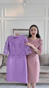 All Ladies เดรสผ้าไหมแขนศอกลูกไม้ใยบวบ3D