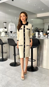 เดรส ไหมพรมตัด สีทูโทน แต่งกระดูม มุก คอปกแขน สามสี เนื้อเดรส เนื้อผสม เนื้อเดรสยาว สวยงาม